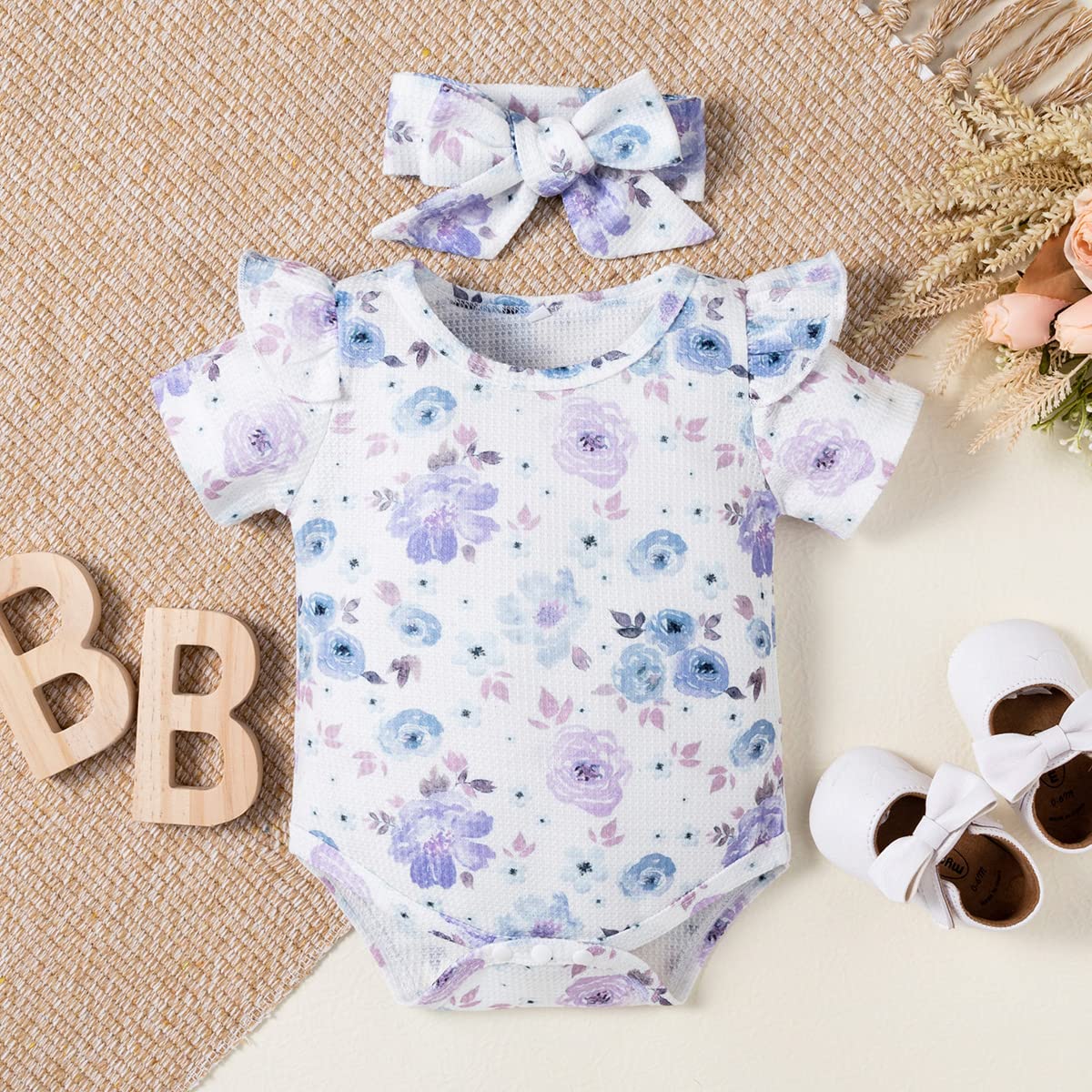 stylesilove Infant Baby Girls Floral Print Short Sleeve Bodysuit & Shorts & Headband 3pcs Set Spring Summer Romper Outfit