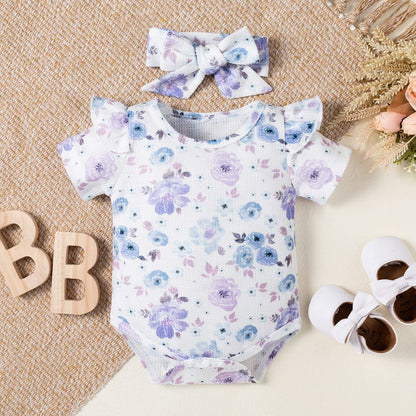 stylesilove Infant Baby Girls Floral Print Short Sleeve Bodysuit & Shorts & Headband 3pcs Set Spring Summer Romper Outfit