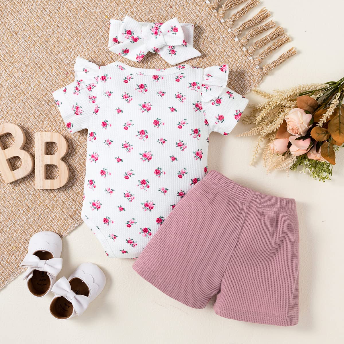 stylesilove Infant Baby Girls Floral Print Short Sleeve Bodysuit & Shorts & Headband 3pcs Set Spring Summer Romper Outfit