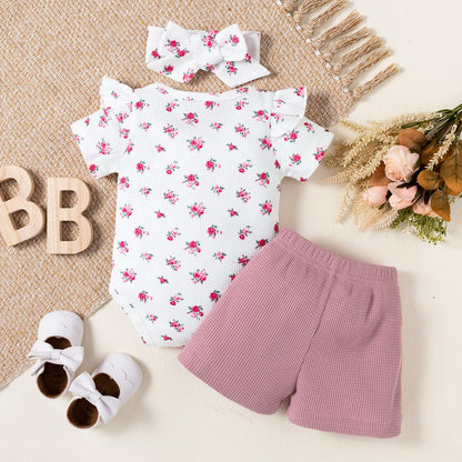 stylesilove Infant Baby Girls Floral Print Short Sleeve Bodysuit & Shorts & Headband 3pcs Set Spring Summer Romper Outfit