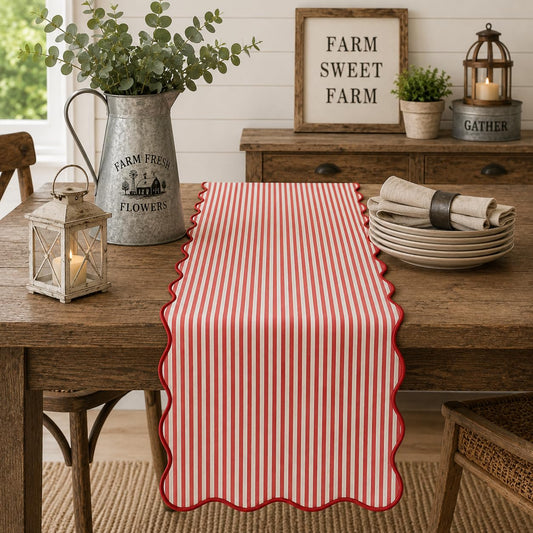 Fennco Styles Scalloped Stripe Table Runner 16 X 72 Inch - Lined Farmhouse Decorative Table Cover for Kitchen, Dining Room, Holiday & Everyday Home Décor (Natural)