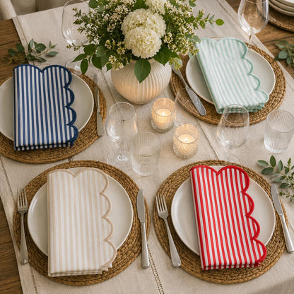 Fennco Styles Natural Scalloped Stripe Cloth Napkins 20" x 20", Set of 4 - Modern Farmhouse Table Napkins for Everyday Dining, Parties & Holiday Entertaining