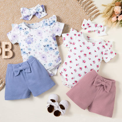 stylesilove Infant Baby Girls Floral Print Short Sleeve Bodysuit & Shorts & Headband 3pcs Set Spring Summer Romper Outfit
