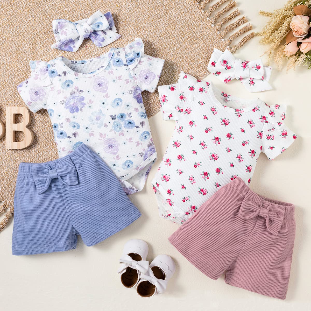 stylesilove Infant Baby Girls Floral Print Short Sleeve Bodysuit & Shorts & Headband 3pcs Set Spring Summer Romper Outfit
