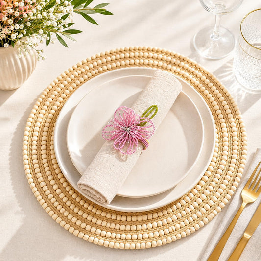 Fennco Styles Pink Beaded Flower Napkin Rings Set of 4, Handmade Floral Napkin Holders for Easter, Garden Parties, Bridal Showers, Weddings, and Everyday Entertaining