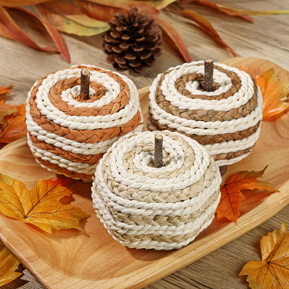 Hollyone Fall Pumpkin Decor 3 PCS Faux Rattan Pumpkins Small Orange Brown