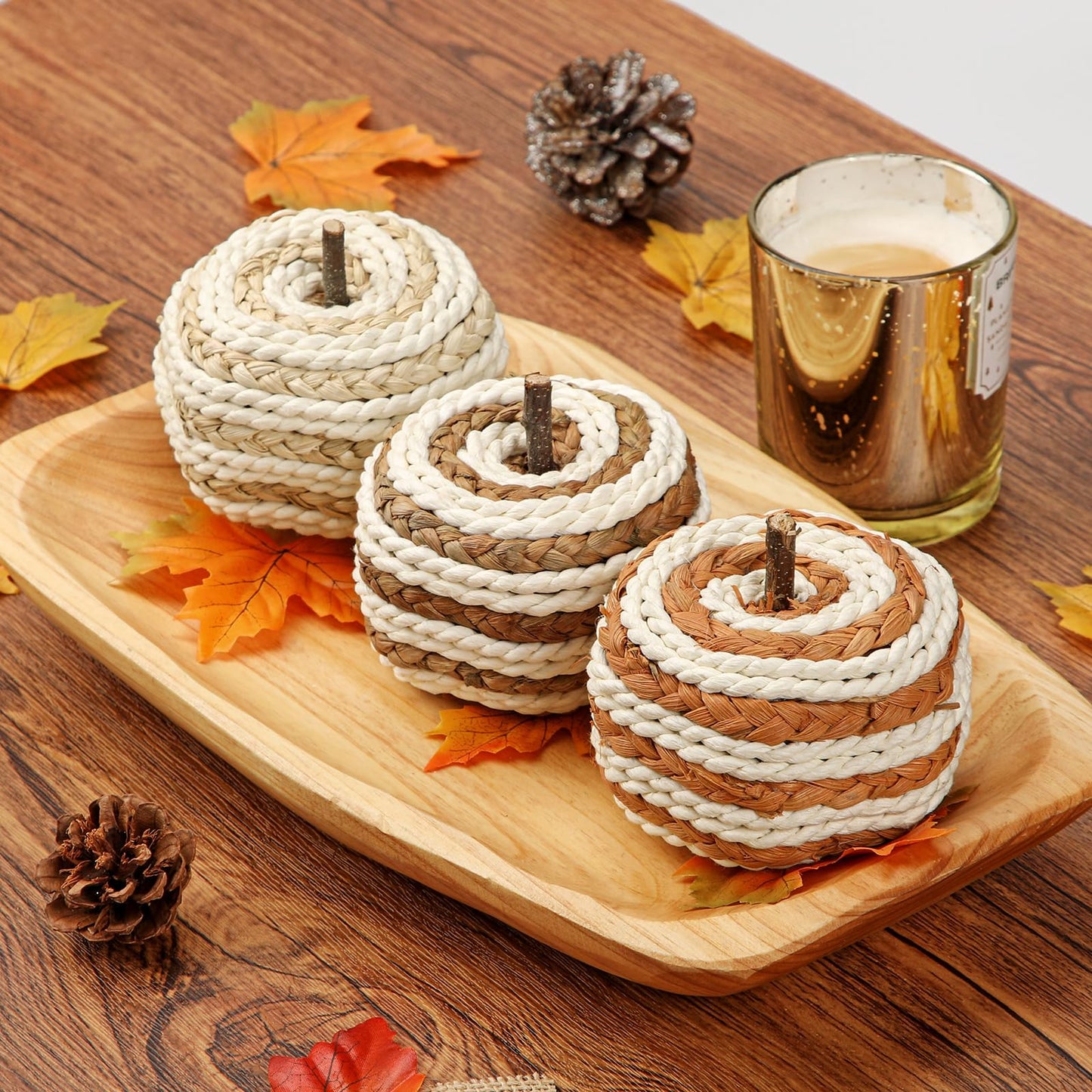 Hollyone Fall Pumpkin Decor 3 PCS Faux Rattan Pumpkins Small Orange Brown