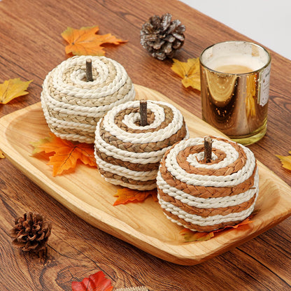 Hollyone Fall Pumpkin Decor 3 PCS Faux Rattan Pumpkins Small Orange Brown