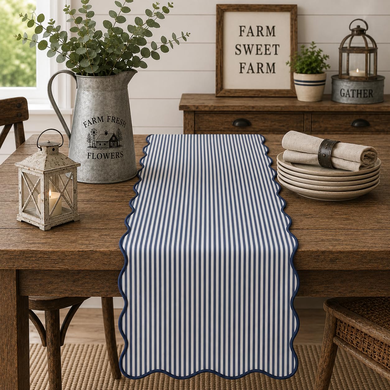 Fennco Styles Scalloped Stripe Table Runner 16 X 72 Inch - Lined Farmhouse Decorative Table Cover for Kitchen, Dining Room, Holiday & Everyday Home Décor (Natural)