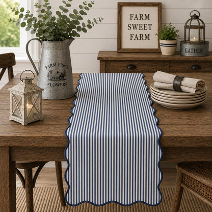 Fennco Styles Scalloped Stripe Table Runner 16 X 72 Inch - Lined Farmhouse Decorative Table Cover for Kitchen, Dining Room, Holiday & Everyday Home Décor (Natural)