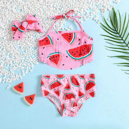 Stylesilove Toddler Girl Watermelon Fringe Swimsuit Set with Headband 3 Piece Swimwear