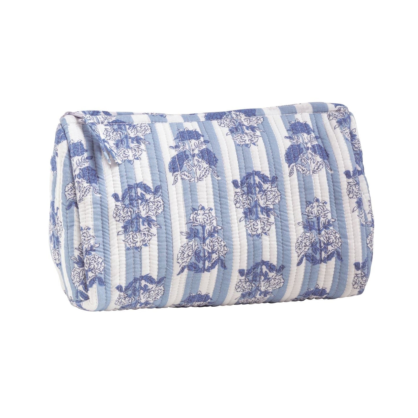 Blue Cornflower Block Print Quilted Cosmetic Zip Pouch