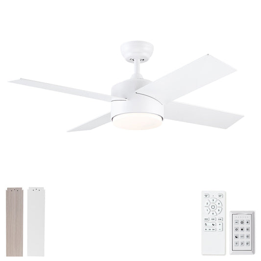 Ceiling Fan With Remote Control, Reversible DC Motor, 6 Speeds, 3 Dimmable LED, Quiet Timer For Indoor - White