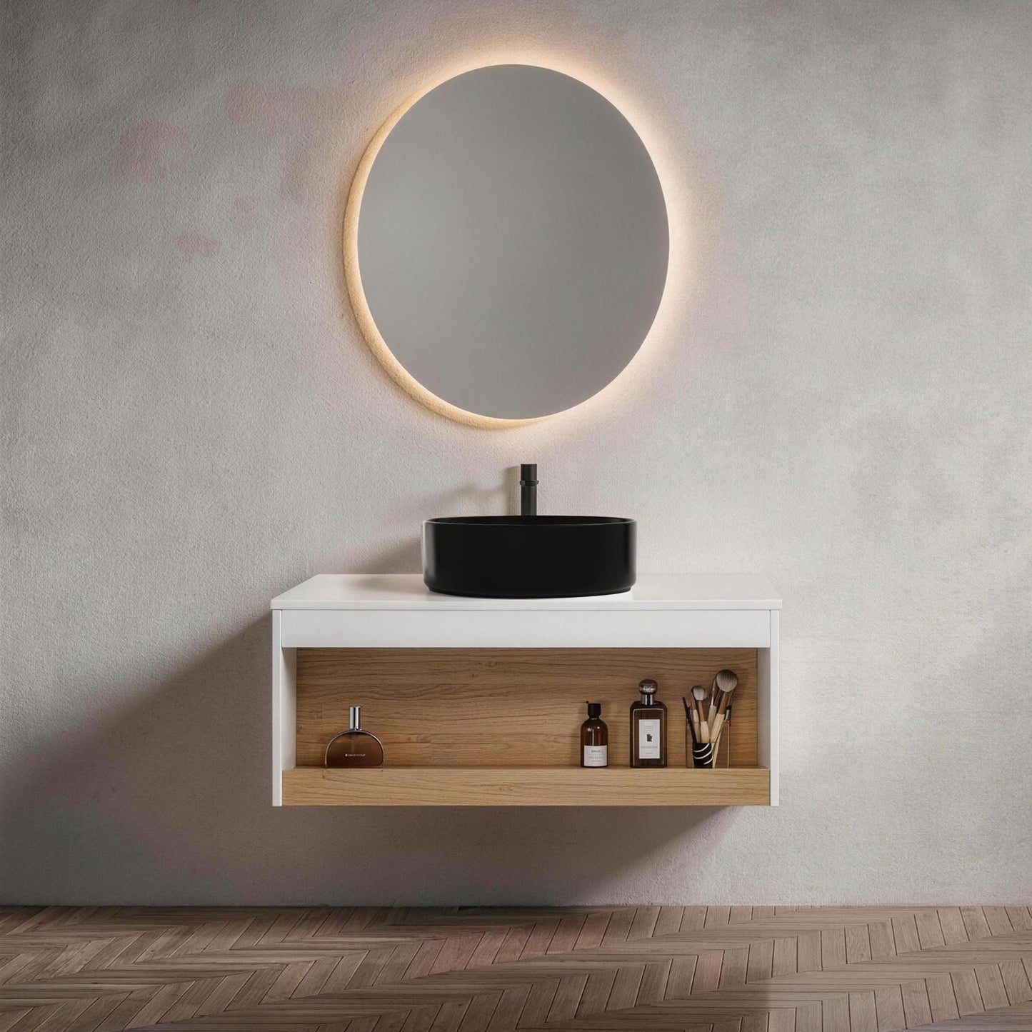 Floating Bathroom Vanity With Glossy Round Vessel Sink