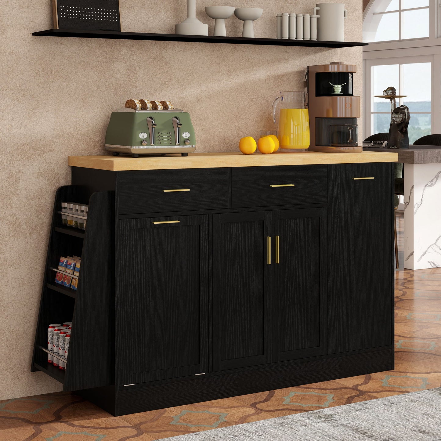 Kitchen Sideboard With Sliding Door Cabinet, 3 Tier Spice Rack