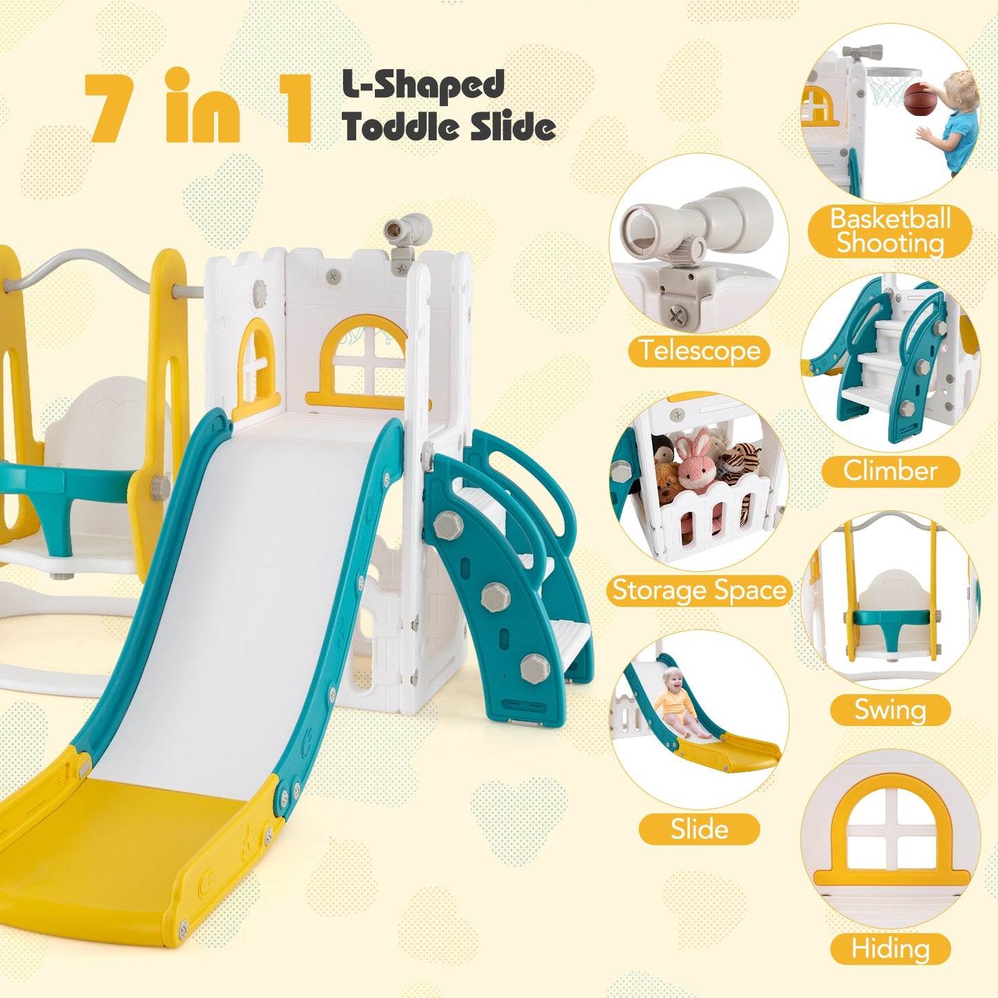 7-in-1 Toddler Swing and Slide Set L-shaped with Ladder and Basketball Hoop