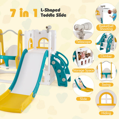 7-in-1 Toddler Swing and Slide Set L-shaped with Ladder and Basketball Hoop