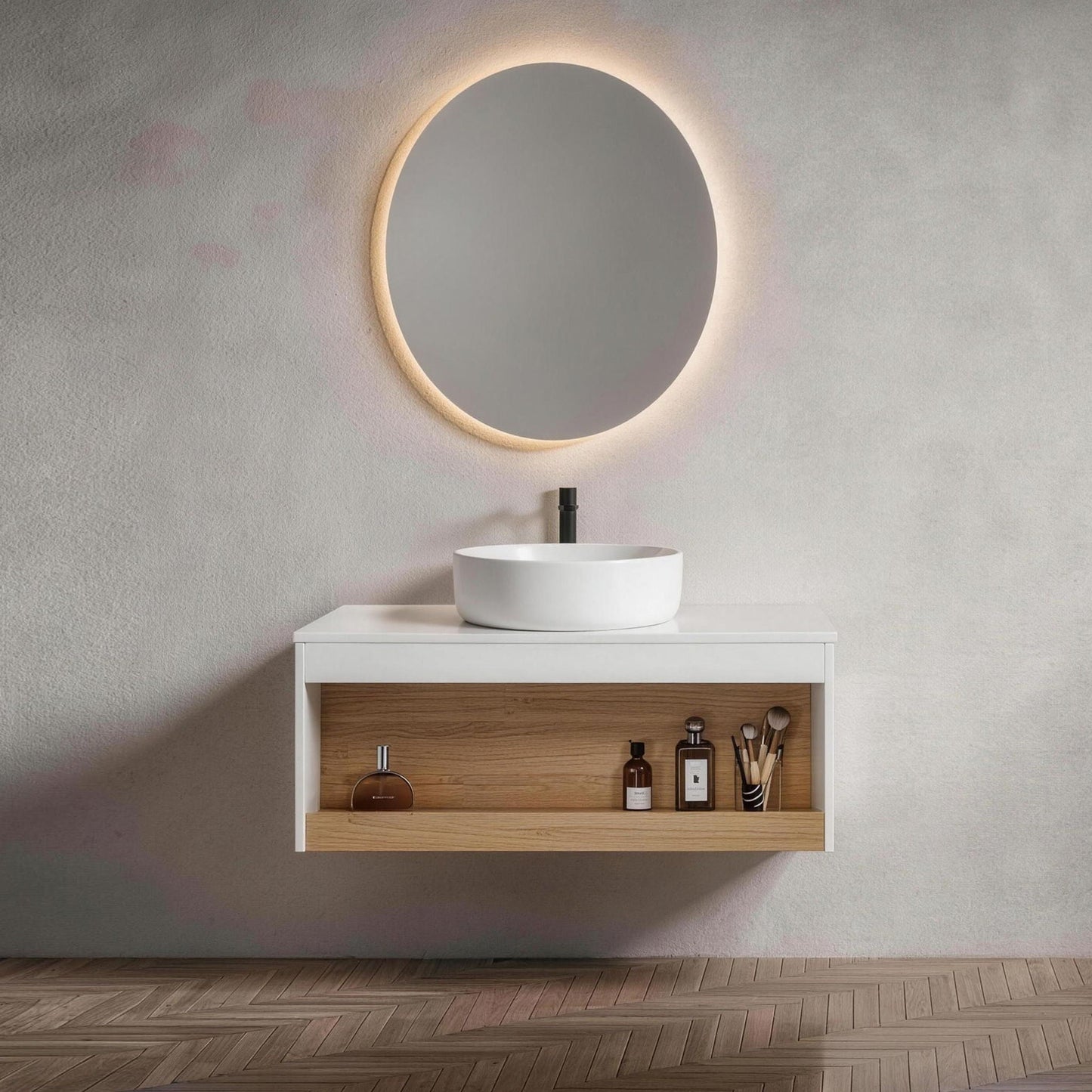 Floating Bathroom Vanity With Glossy Round Vessel Sink