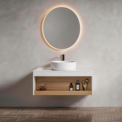 Floating Bathroom Vanity With Glossy Round Vessel Sink