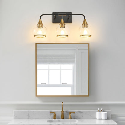 Black & Gold Vanity Wall Sconce | 3/4-Light Industrial Bathroom Fixture with Clear Glass Shades for Mirror & Living Spaces