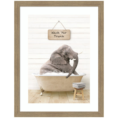 Young Elephant in Modern Bathtub  Wash Your Trunk by Amy Peterson Framed Wall Art Print