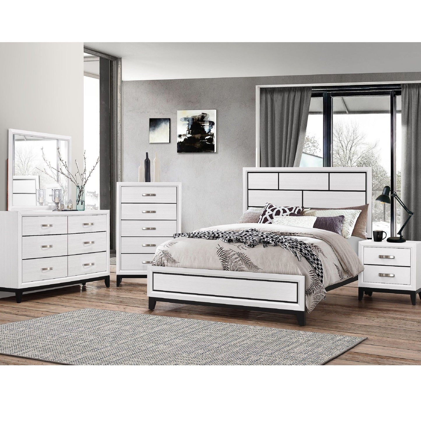Contemporary Low Profile Bed With Geometric Headboard