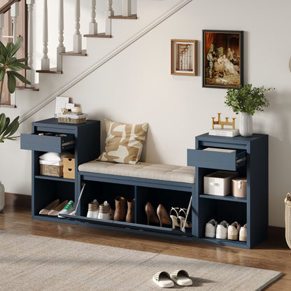 Entryway Storage Bench With Cushion, Drawers & Open Shelves