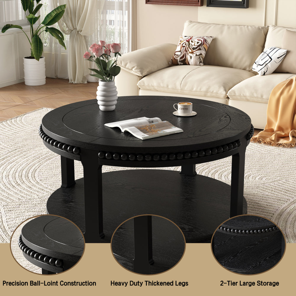 31.5" Round Solid Wood Coffee Table — Two-Tier Shelf, Natural Finish