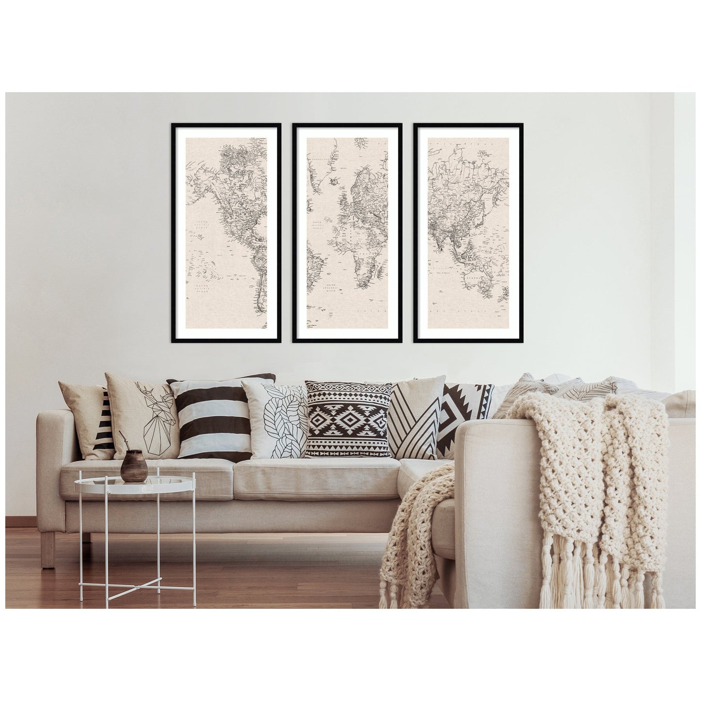 Vintage Black and White World Map Linen 3 Piece Framed Wall Art Print Set by The Creative Bunch Studio
