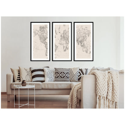 Vintage Black and White World Map Linen 3 Piece Framed Wall Art Print Set by The Creative Bunch Studio