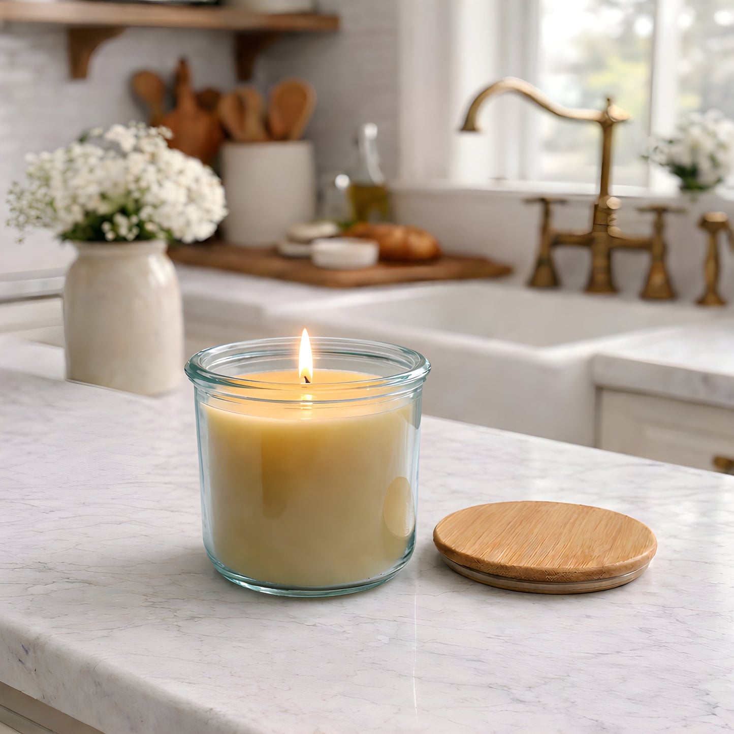 Beeswax Candle Poured in USA in 10 oz Clear Recycled Spanish Glass Jar with Bamboo Lid