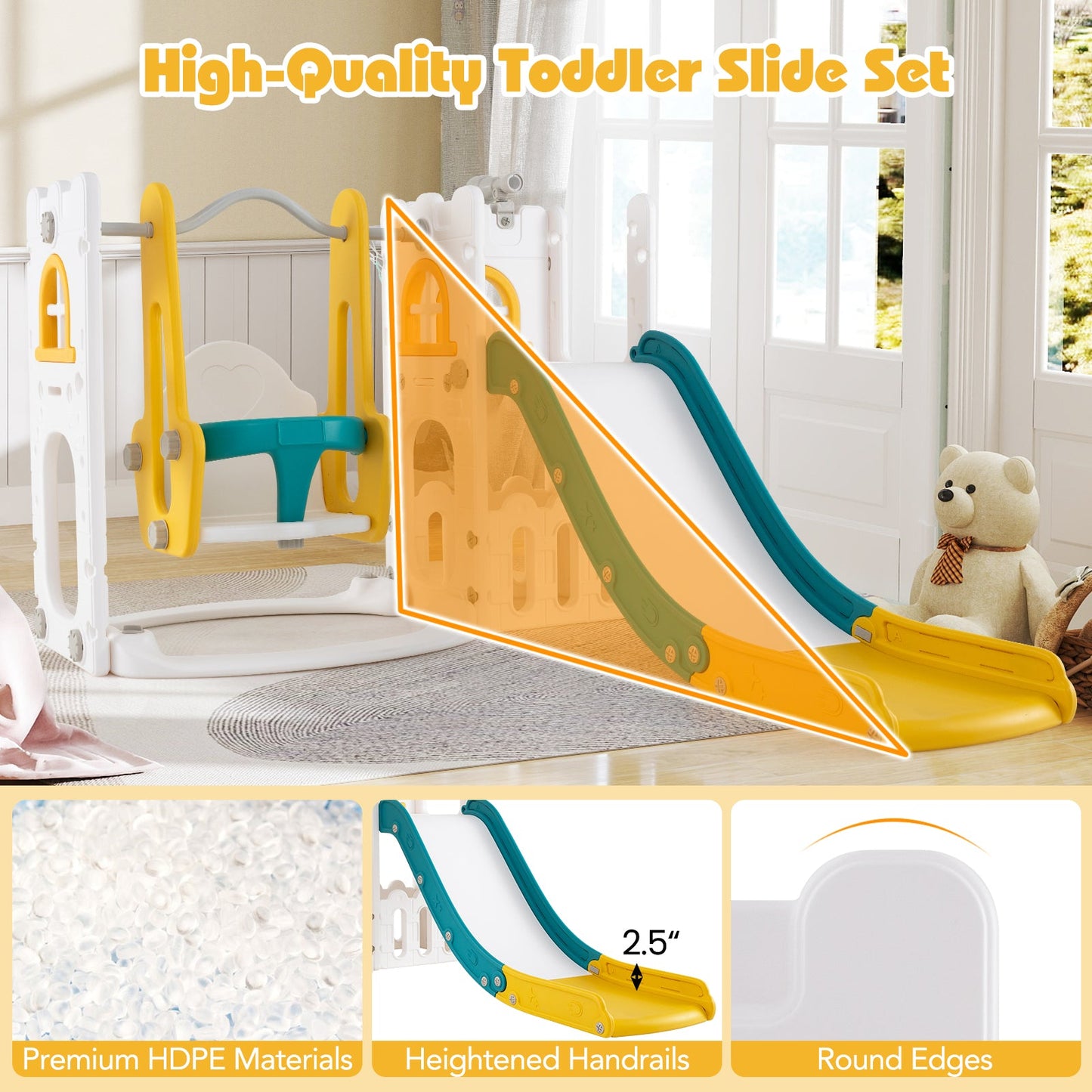 7-in-1 Toddler Swing and Slide Set L-shaped with Ladder and Basketball Hoop