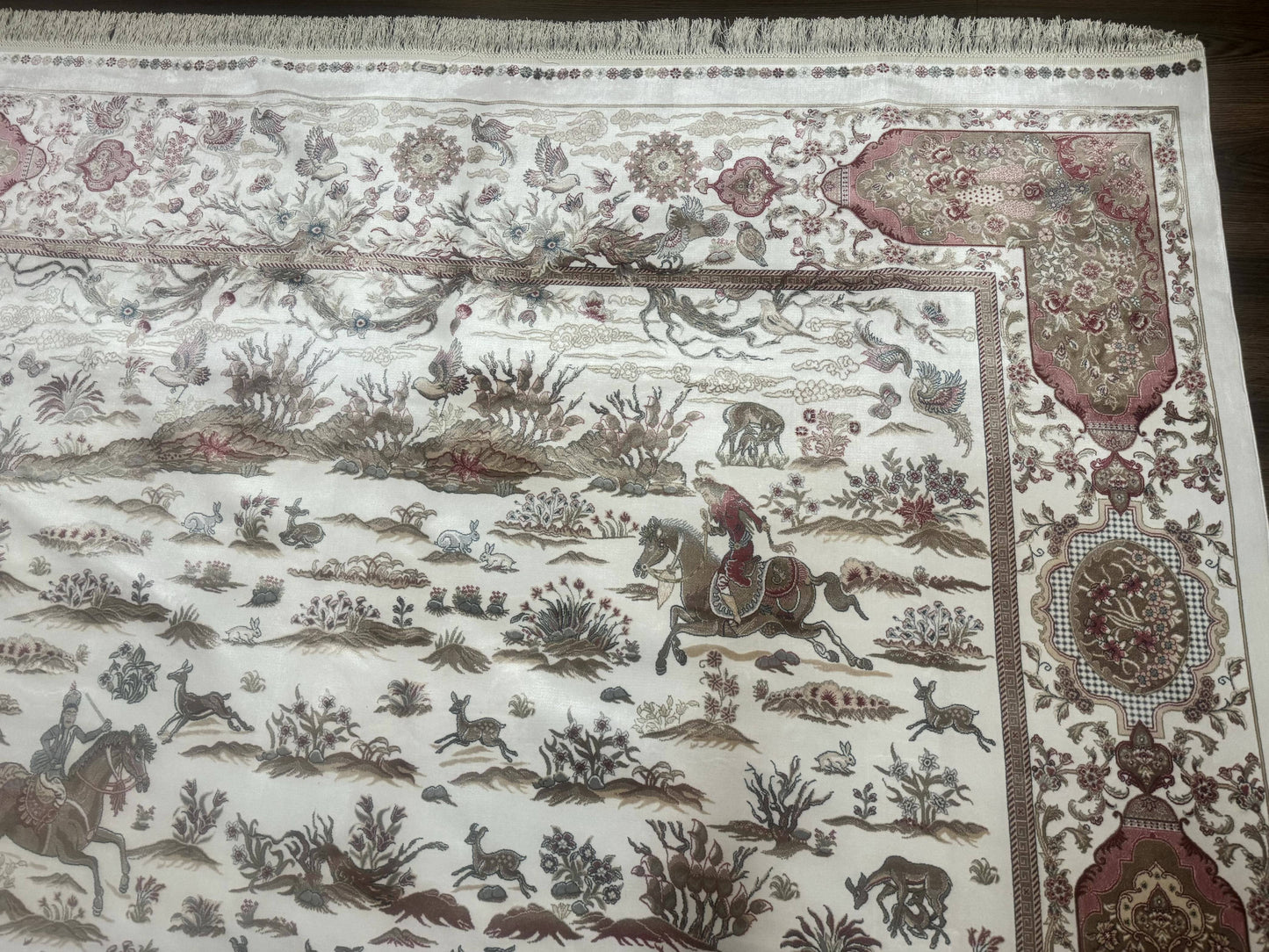 Large Turkish Silk Rug 8x10, Ivory, Hunting Design, Bamboo Silk, New
