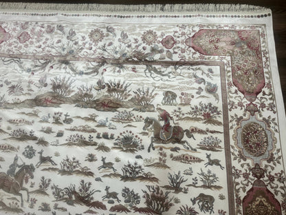 Large Turkish Silk Rug 8x10, Ivory, Hunting Design, Bamboo Silk, New