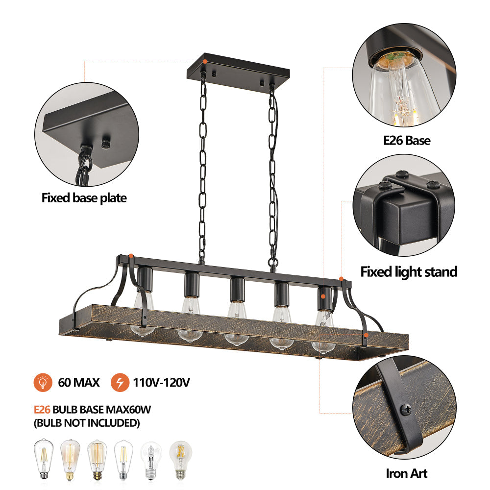 34" Black & Gold Vintage Chandelier | 5-Light Antique Pendant with Adjustable Chain for Dining Room, Kitchen & Living Room