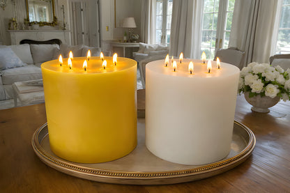 Bonfire White Beeswax Candle Eight-Wick Luxury Statement Pillar 9″ Tall 8″ Wide
