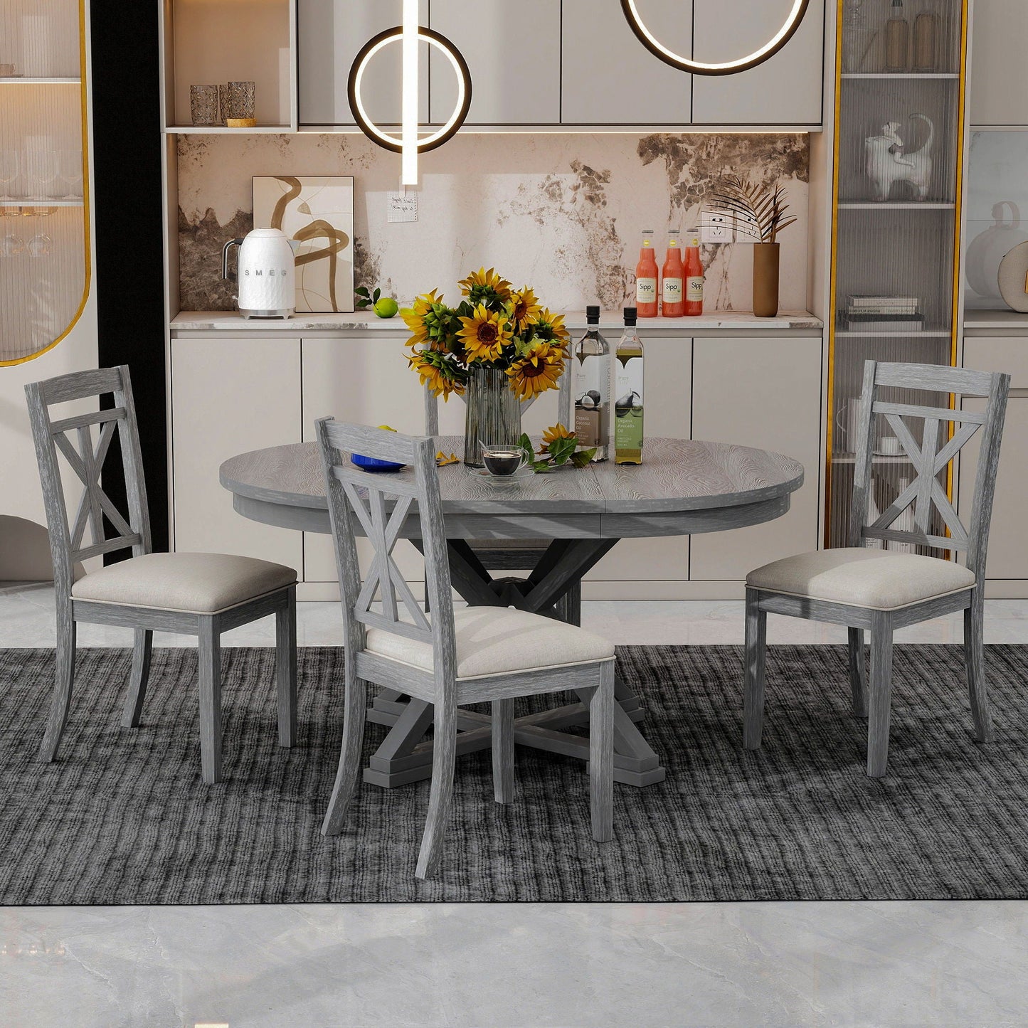 Dining Set With Extendable Round Table And 4 Upholstered Chairs