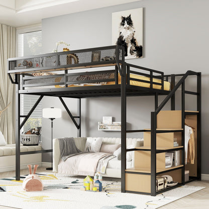 Queen Size Loft Bed & Stairs, Storage Shelves, Wardrobe - Black / Wood