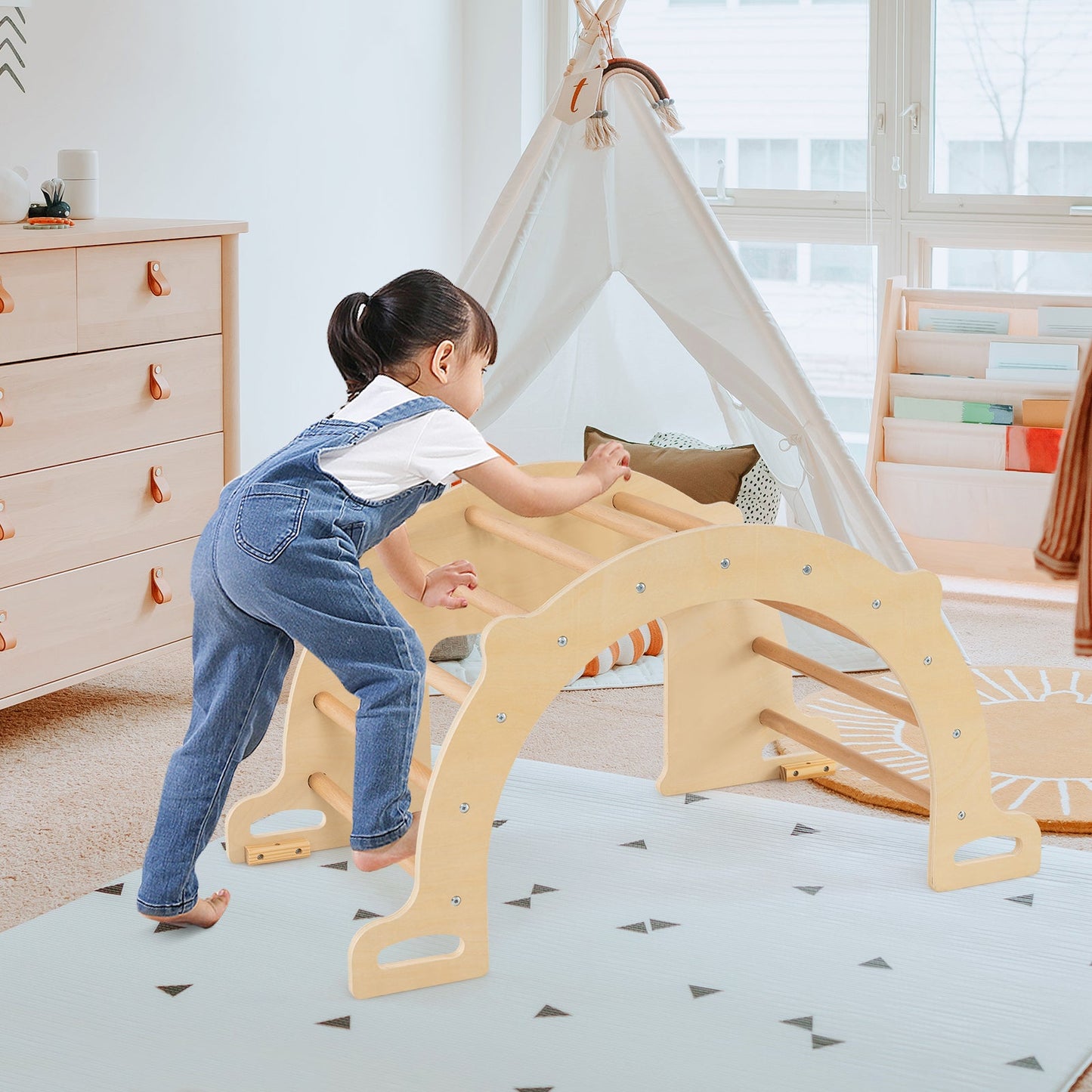8 in 1 Climbing Arch Sensory Table for Kids with Collapsible Storage Bin for 3+ Years Old-Natural
