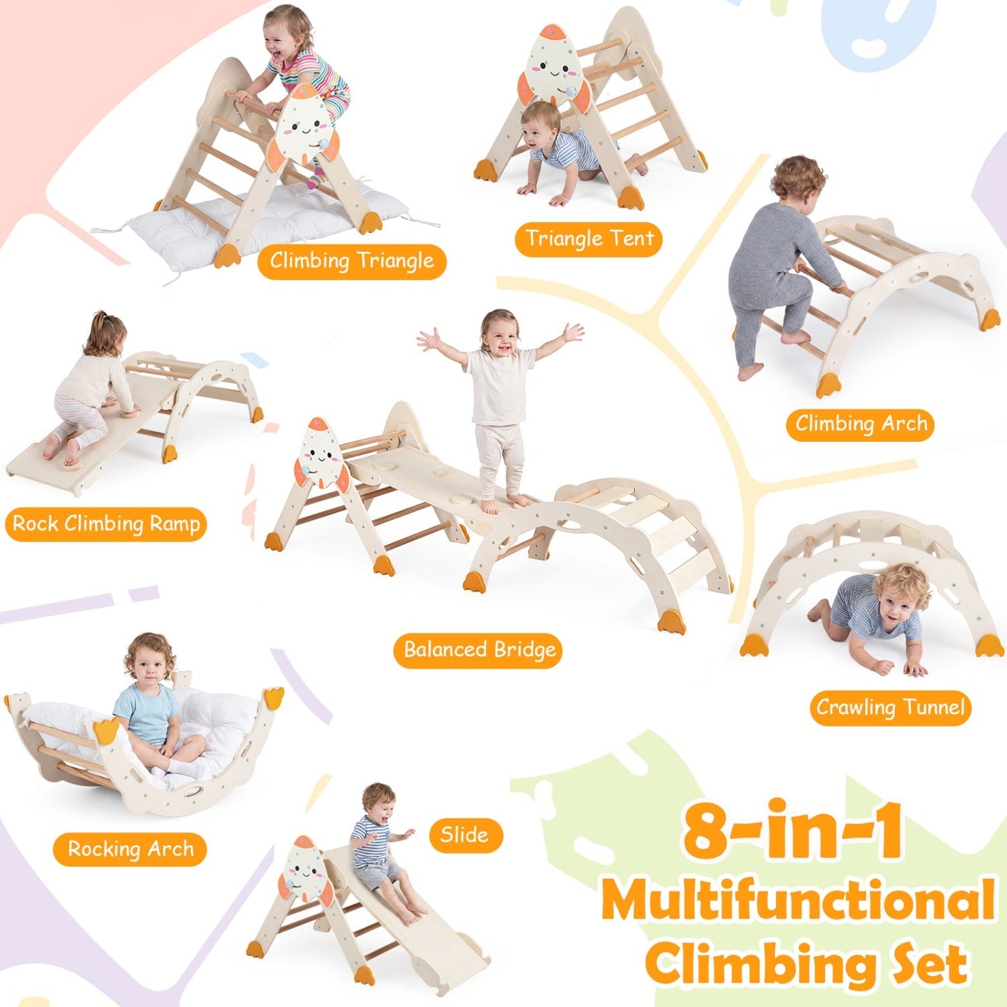 8-in-1 Foldable Climbing Set for Toddlers with Rocket Theme