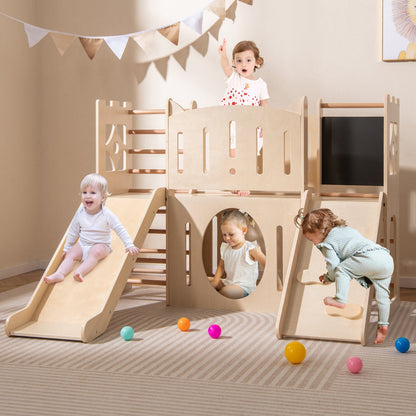 8-in-1 Toddler Slide Wooden Indoor Playground with Climber and Chalkboard-Natural