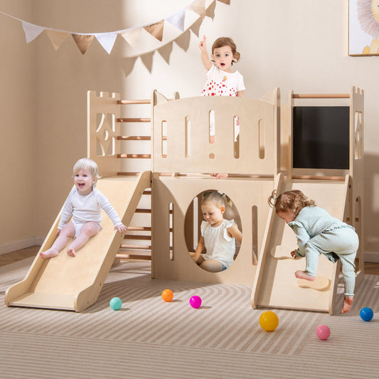 8-in-1 Toddler Slide Wooden Indoor Playground with Climber and Chalkboard-Natural