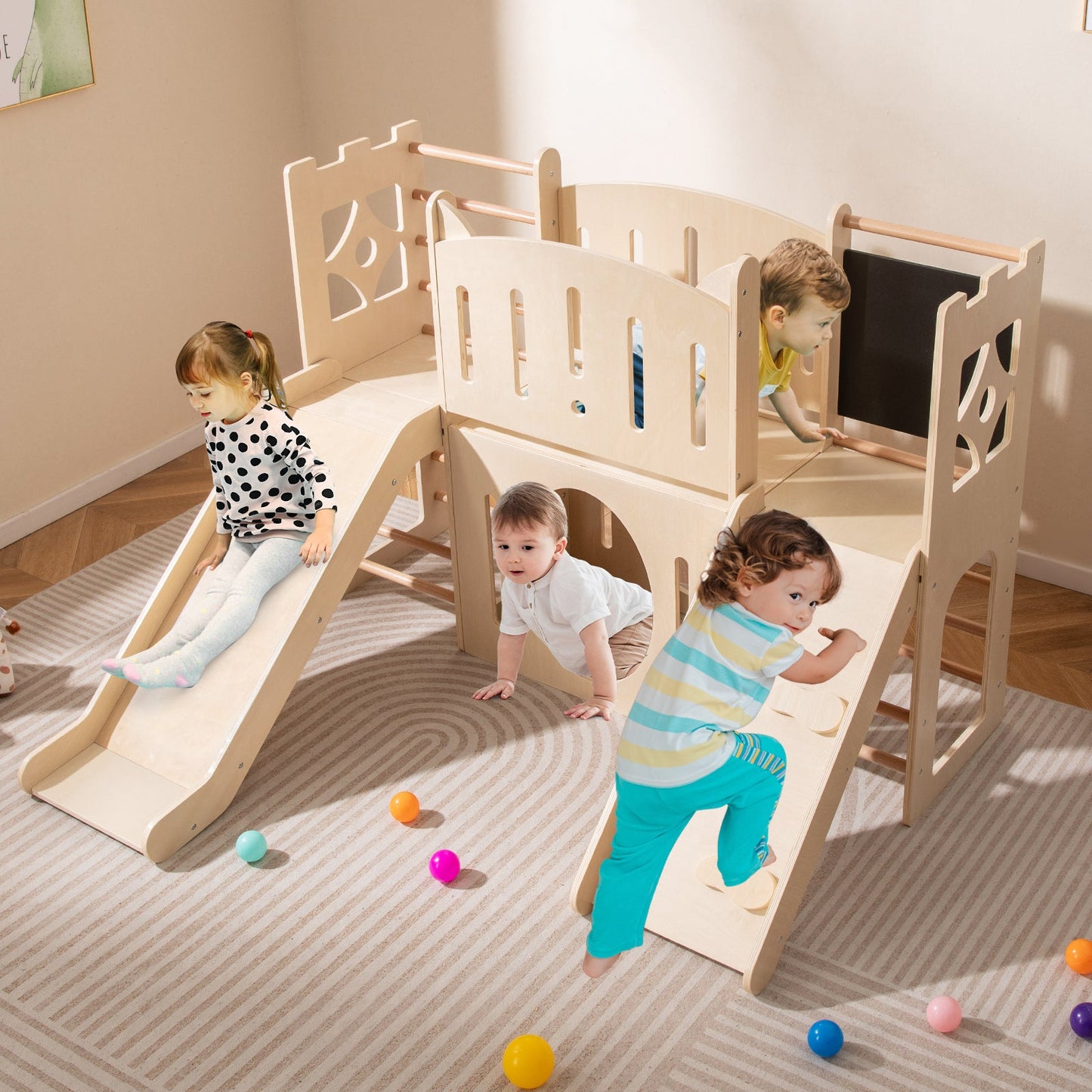 8-in-1 Toddler Slide Wooden Indoor Playground with Climber and Chalkboard-Natural