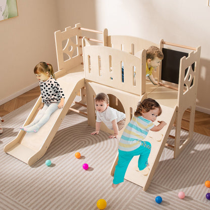 8-in-1 Toddler Slide Wooden Indoor Playground with Climber and Chalkboard-Natural