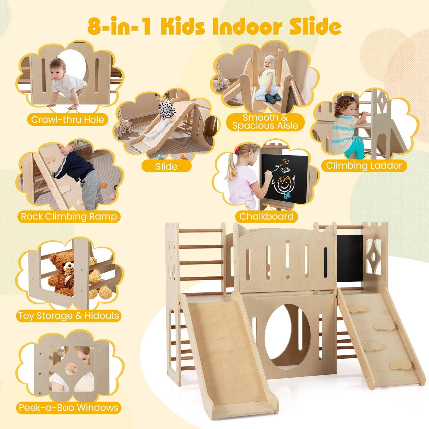 8-in-1 Toddler Slide Wooden Indoor Playground with Climber and Chalkboard-Natural
