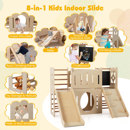 8-in-1 Toddler Slide Wooden Indoor Playground with Climber and Chalkboard-Natural
