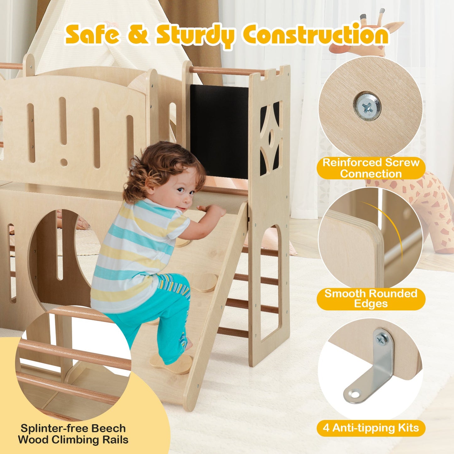 8-in-1 Toddler Slide Wooden Indoor Playground with Climber and Chalkboard-Natural