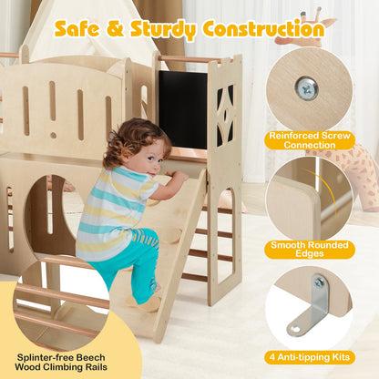8-in-1 Toddler Slide Wooden Indoor Playground with Climber and Chalkboard-Natural