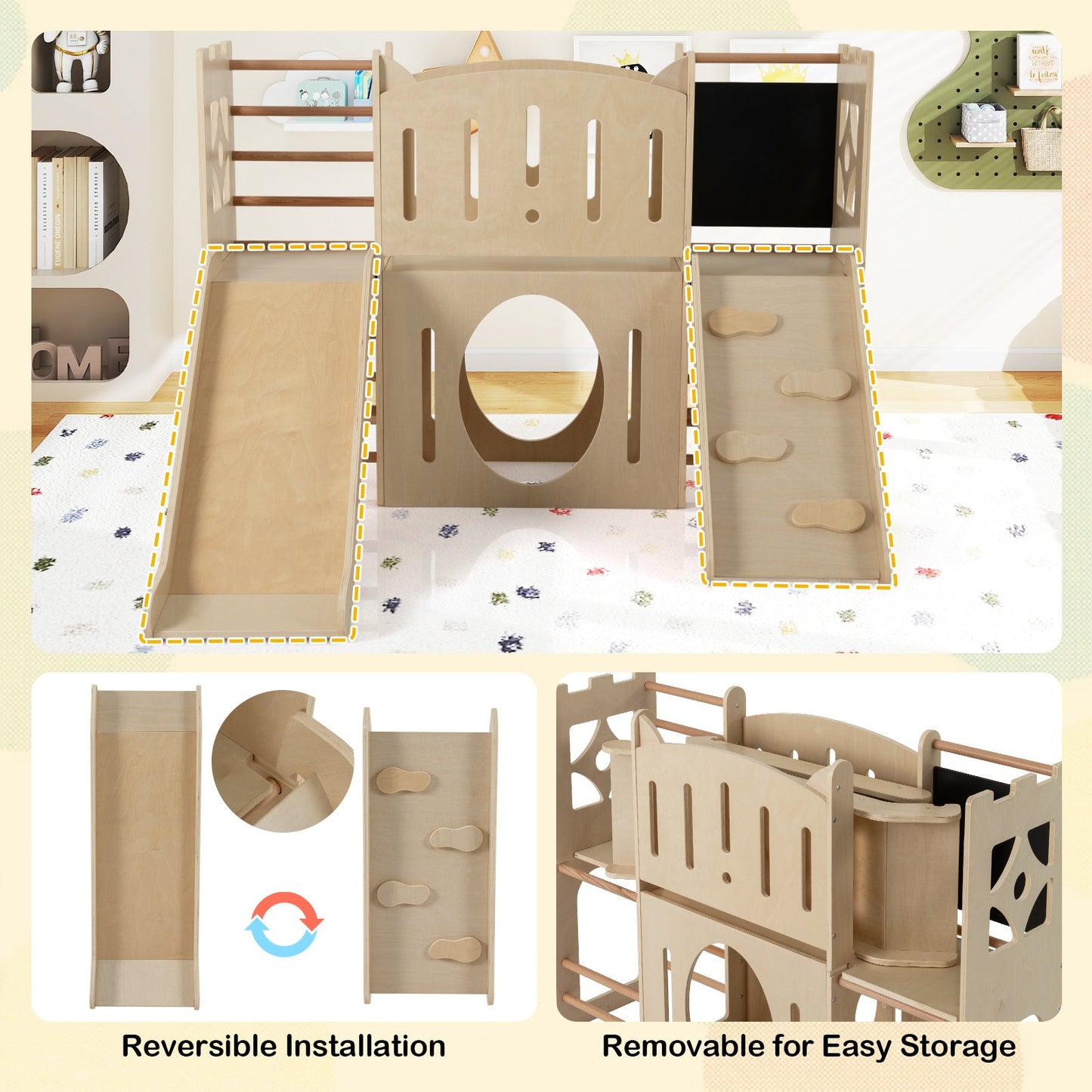 8-in-1 Toddler Slide Wooden Indoor Playground with Climber and Chalkboard-Natural