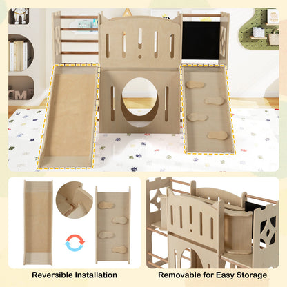 8-in-1 Toddler Slide Wooden Indoor Playground with Climber and Chalkboard-Natural